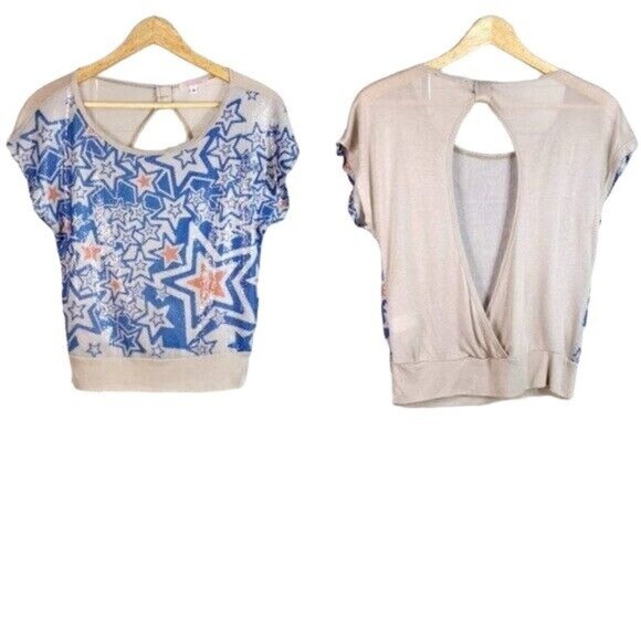 Mauve Star Print Sequin Top Blue Beige Small Open Back Short Sleeve Patriotic - Picture 5 of 6